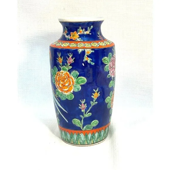 Incredible Royal Cobalt Japanese Vintage Tall Vase With Pheasants Chinoiserie